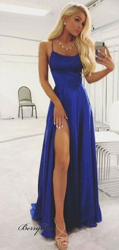 Spaghetti Side Slit Royal Blue Long Prom Dresses Prom Dresses