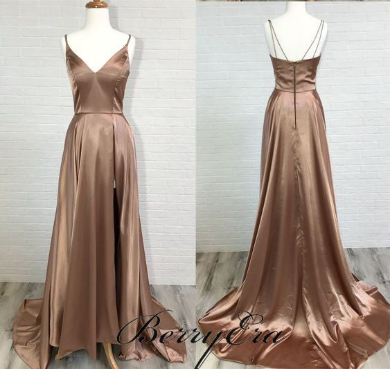 Simple Long A-line Side Slit Prom Dresses, Elastic Satin Prom Dresses, Long Prom Dresses