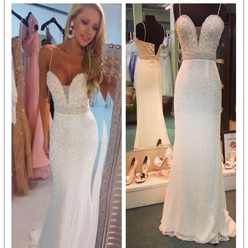 Long White Beaded Spaghetti Straps Mermaid Sequin Prom Dresses