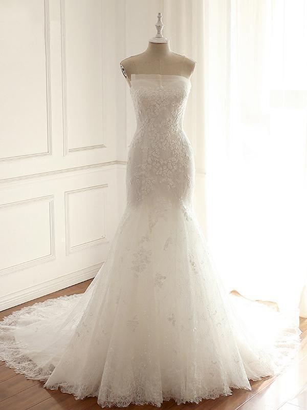 Strapless Long Mermaid Lace Appliques Wedding Dresses