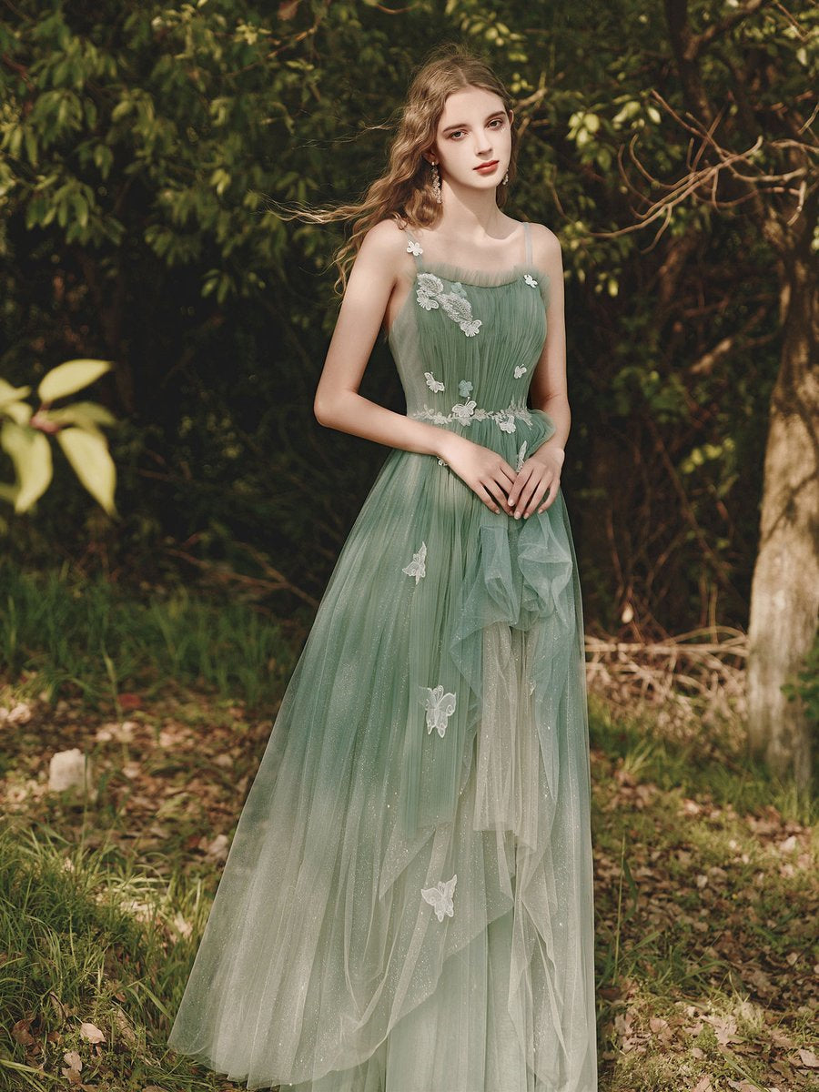 Straps Green Sequin Tulle Prom Dresses, A-line Prom Dresses, 2021 Prom Dresses, Cheap Prom Dresses, Long Prom Dresses