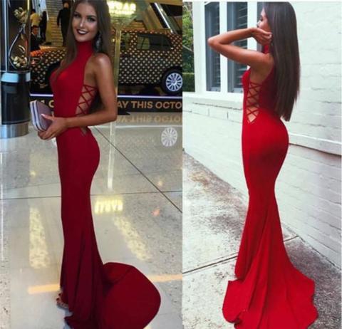 High Neck Long Mermaid Jersey Prom Dresses, Cheap Prom Dresses