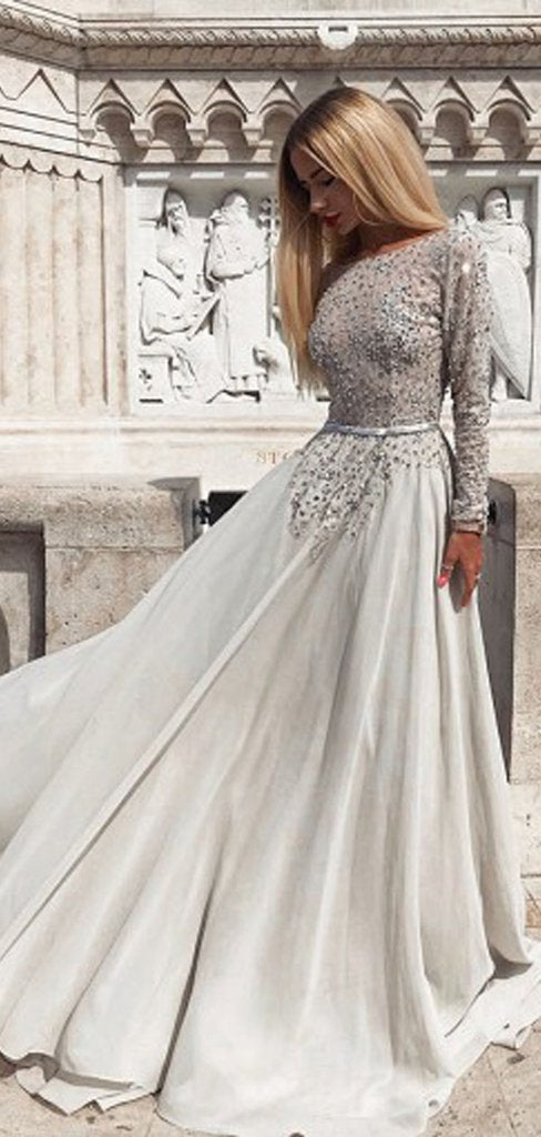 Long Sleeves Gray Beaded A-line Chiffon Prom Dresses