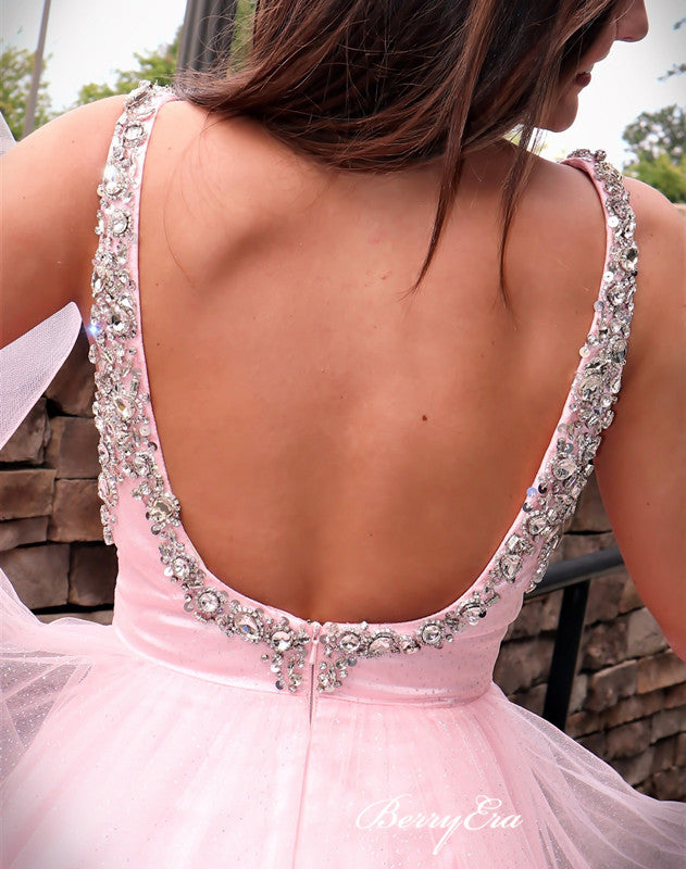 2020 Pink A-line Long Prom Dresses, Beaded Newest Prom Dresses