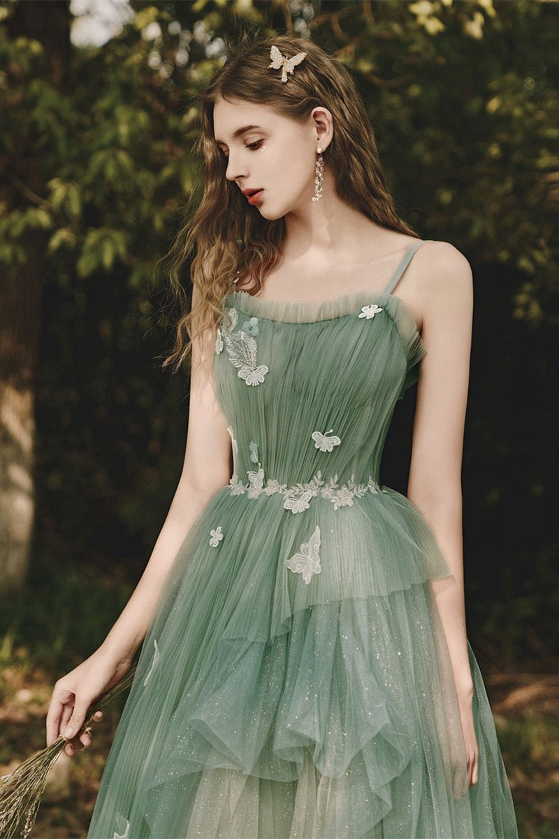 Straps Green Sequin Tulle Prom Dresses, A-line Prom Dresses, 2021 Prom Dresses, Cheap Prom Dresses, Long Prom Dresses