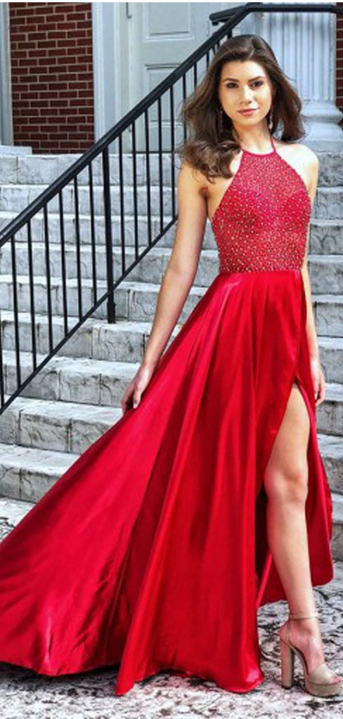 Halter Red Beaded Long A-line Side Slit Prom Dresses