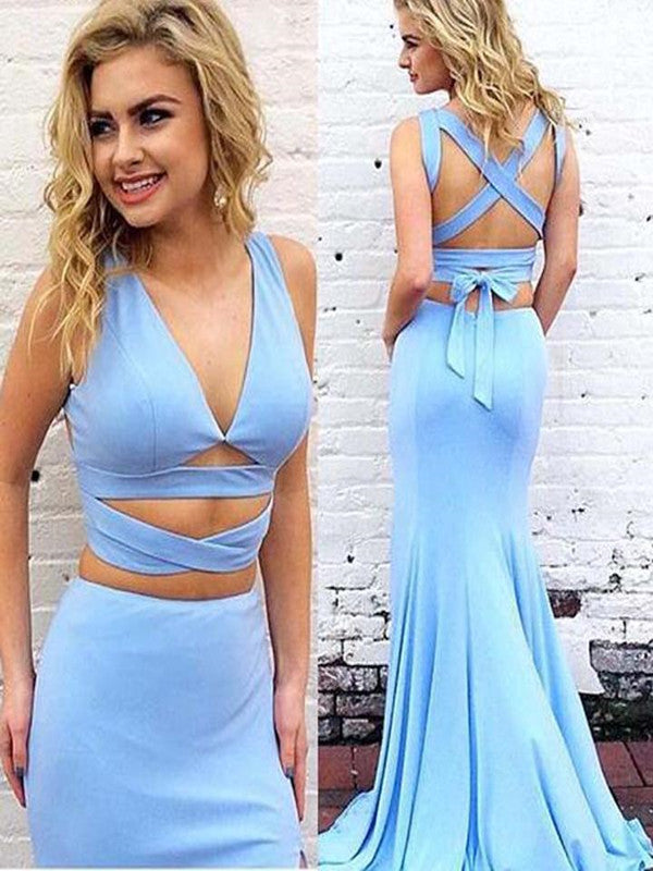 Two Pieces Blue V-Neck Crisscross Back Long Mermaid Prom Dresses