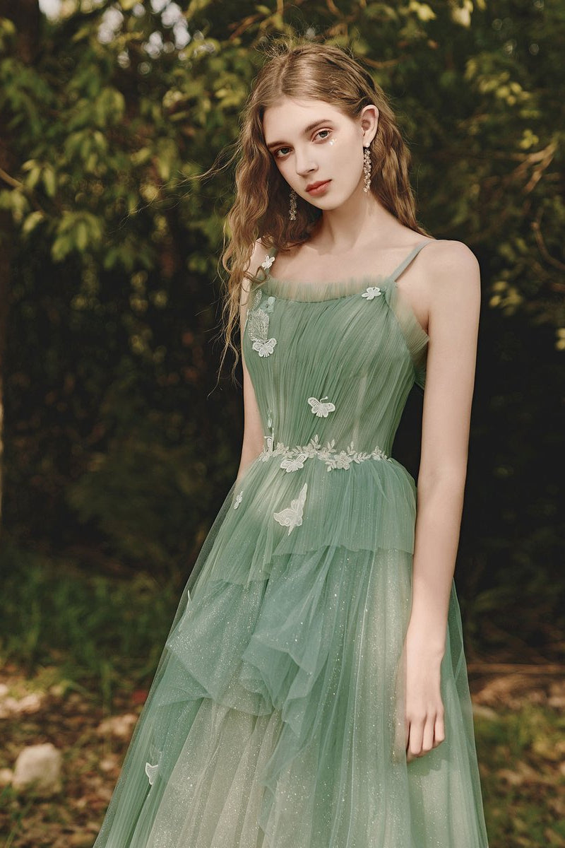 Straps Green Sequin Tulle Prom Dresses, A-line Prom Dresses, 2021 Prom Dresses, Cheap Prom Dresses, Long Prom Dresses