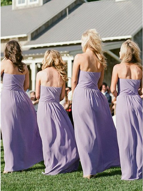 Strapless Lilac Chiffon A-line Long Bridesmaid Dresses