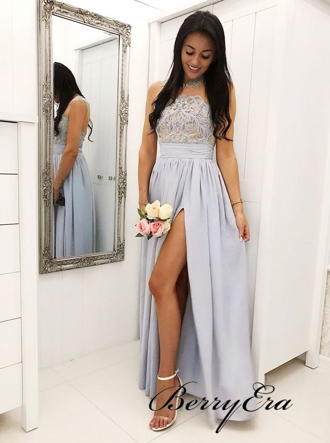 Sleeveless Lace Chiffon High Slit Long Bridesmaid Dresses