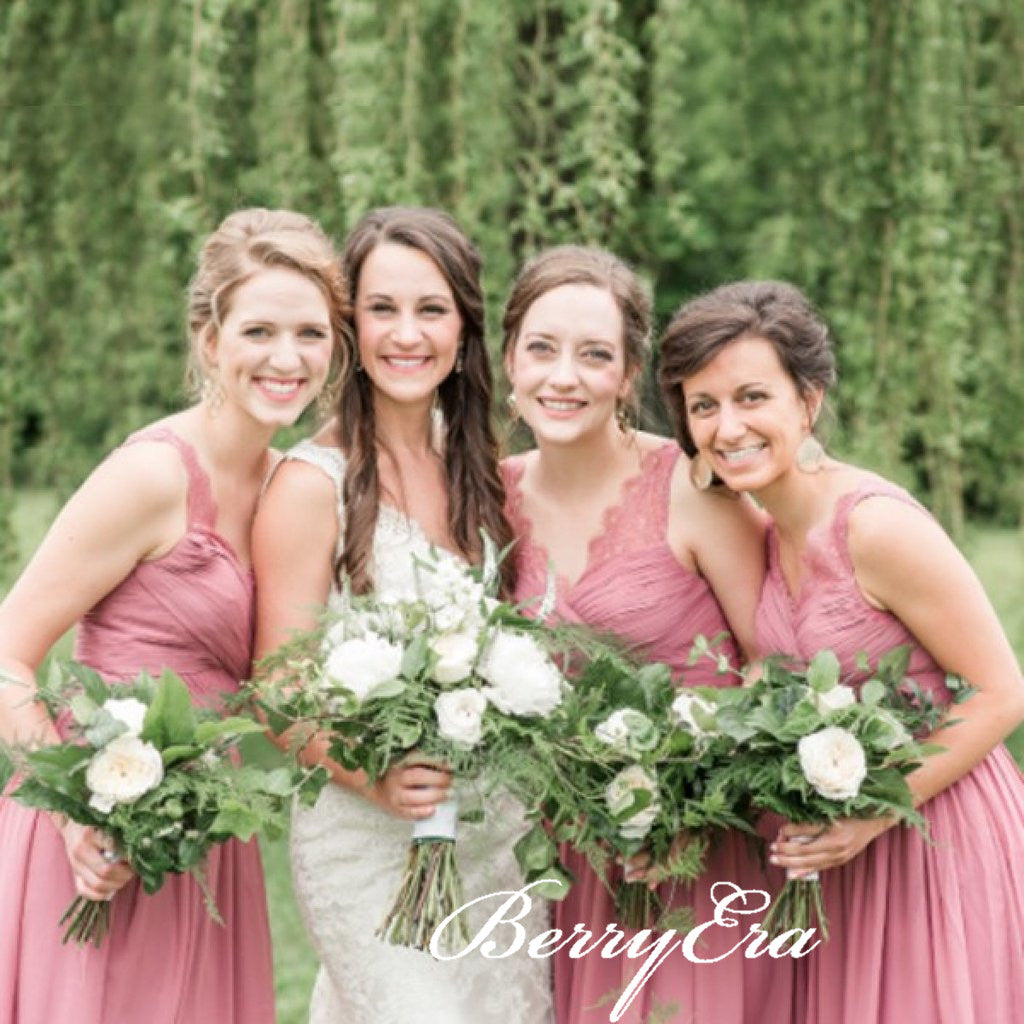 V-neck Dusty Rose Lace Chiffon A-line Bridesmaid Dresses