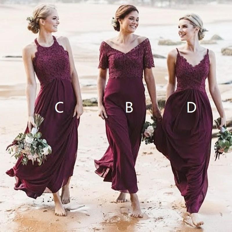 Mismatched Long A-line Chiffon Lace Beach Wedding Bridesmaid Dresses