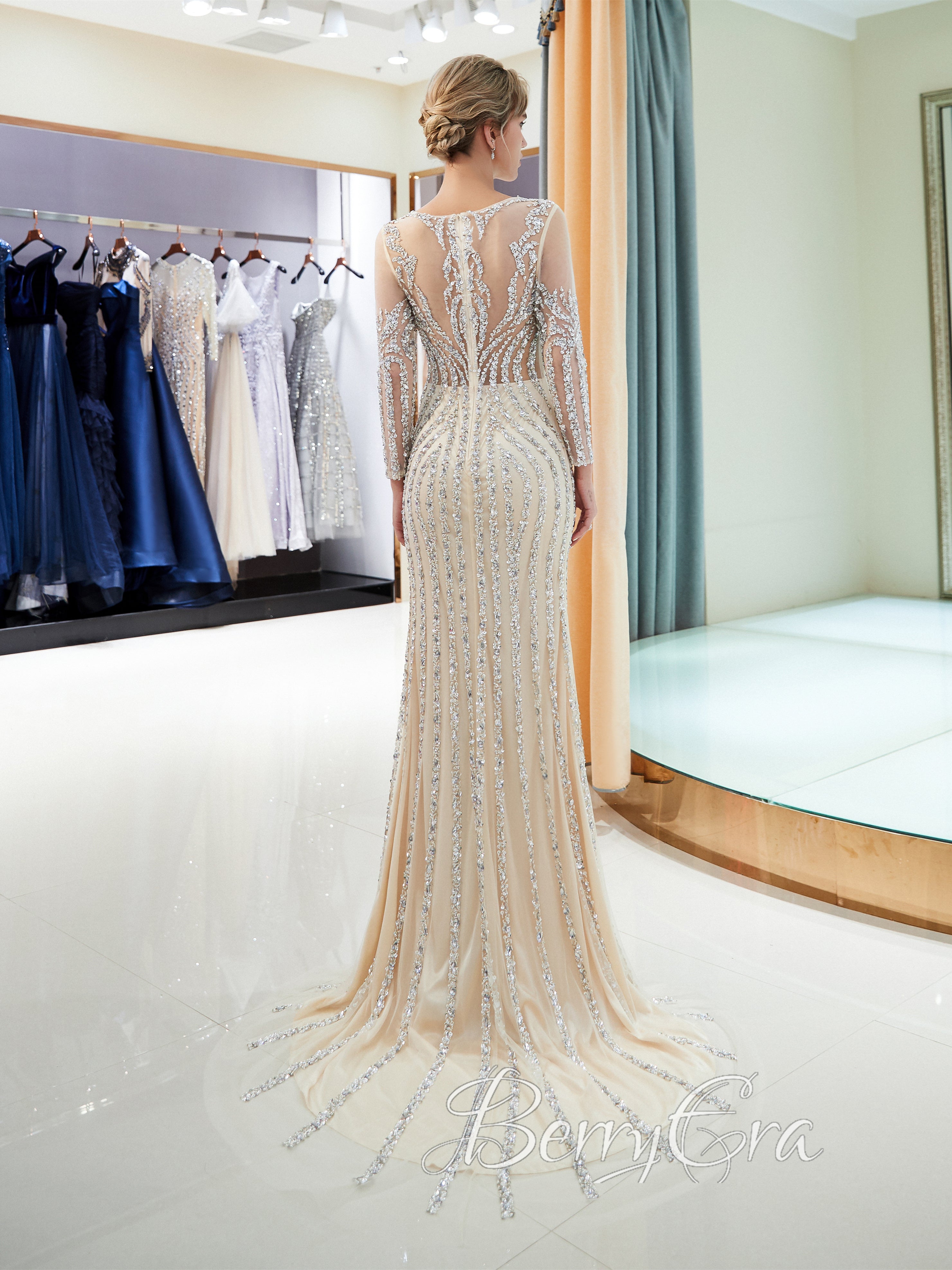 Luxury Beaded Mermaid Prom Dresses, Long Sleeves Prom Dresses, 2023 Prom Dresses, Evening Dresses