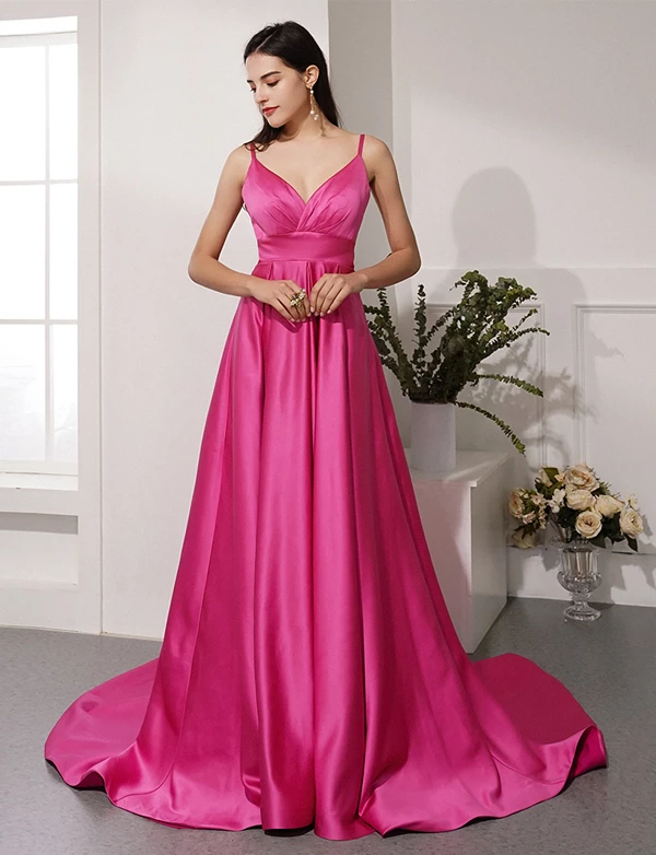 Spaghetti Long A-line Hot Pink Prom Dresses, Simple Prom Dresses, Satin Prom Dresses