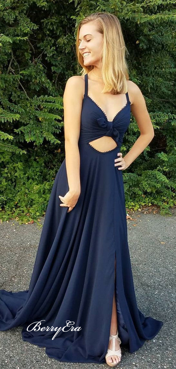 Unique Design Slit Prom Dresses, A-line Party Long Prom Dresses