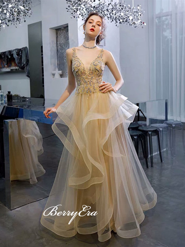 V-neck Beaded Long Prom Dresses, Unique Tulle A-line Prom Dresses 2020