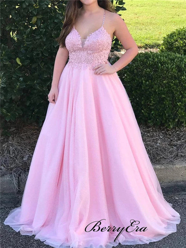 Pink Straps Long Prom Dresses, Lace Prom Dresses, A-line Prom Dresses