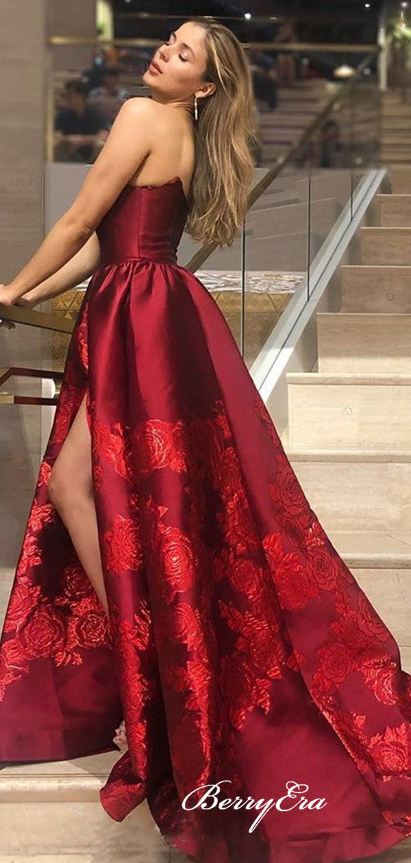 High Slit A-line Long Prom Dresses, Graduation Party Prom Dresses, Lace Prom Dresses