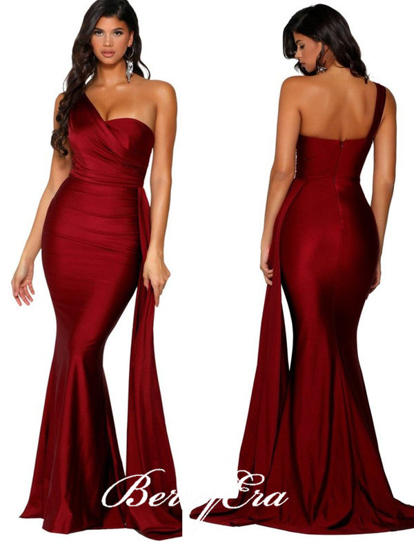 One Shoulder Burgundy Elastic Satin Long Mermaid Prom Dresses, Simple Sexy Prom Dresses, 2020 Prom Dresses