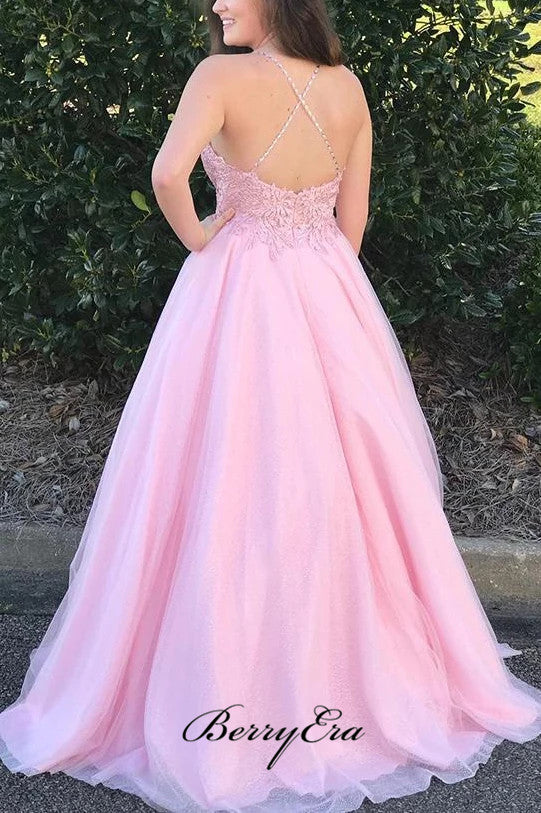 Pink Straps Long Prom Dresses, Lace Prom Dresses, A-line Prom Dresses