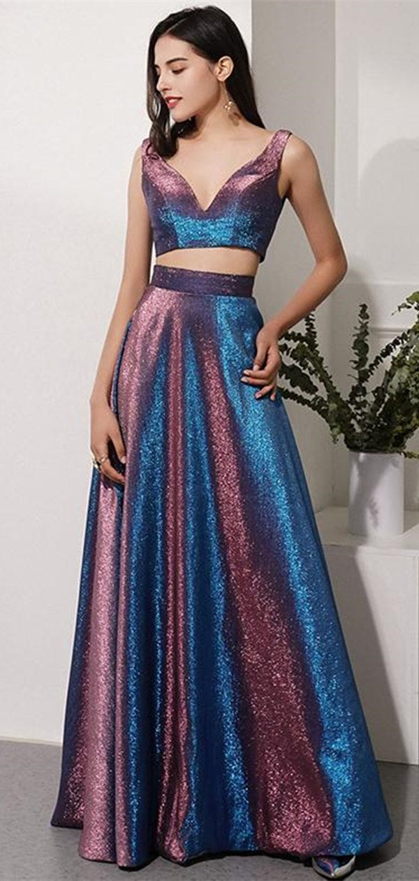 Two Pieces Shemmering Long Prom Dresses, Fancy 2020 Newest Prom Dresses