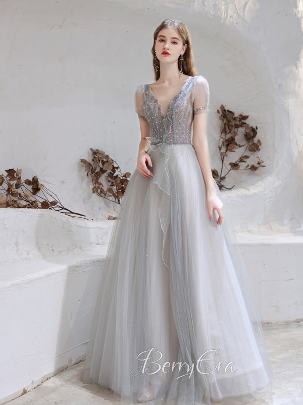 V-neck Light Grey Beaded Sequin Tulle Prom Dresses, A-line Prom Dresses, 2023 Prom Dresses, Newest Graduation Party Dresses