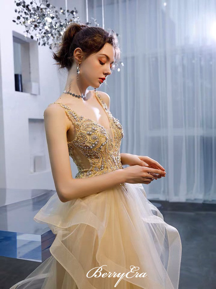 V-neck Beaded Long Prom Dresses, Unique Tulle A-line Prom Dresses 2020