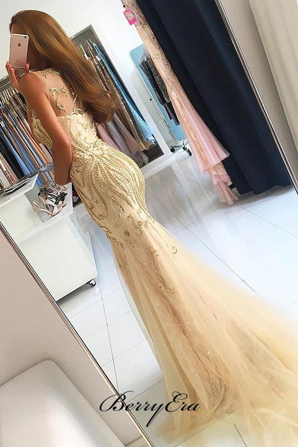 Shiny Beaded Luxury Long Prom Dresses, Mermaid Modest Prom Dresses