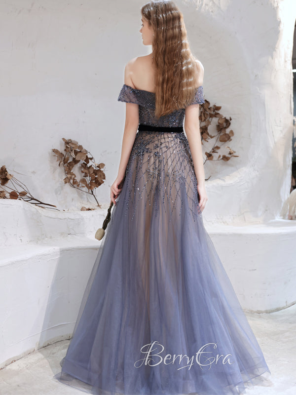 Off Shoulder A-line Navy Beaded Prom Dresses, Princess Core Dresses, Newest Prom Dresses, 2023 Prom Dresses