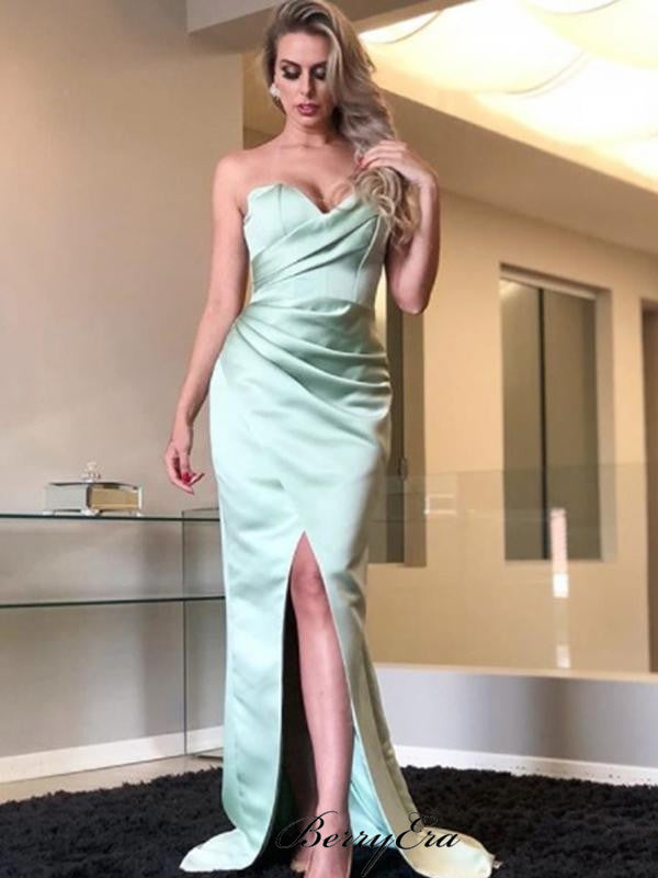 Simple Prom Dresses, Strapless Prom Dresses, High Slit Prom Dresses