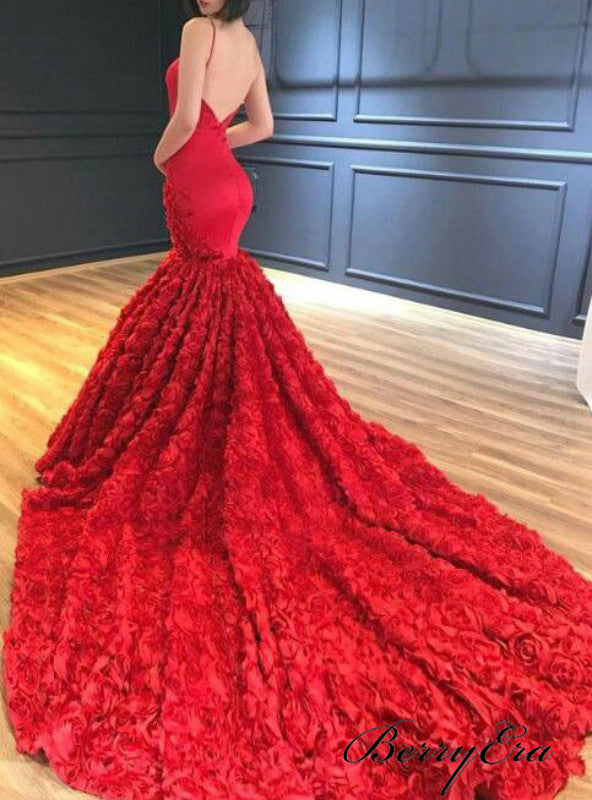 Spaghetti Red Mermaid 3D Floral Prom Dresses, Long Prom Dresses, Gorgeous Prom Dresses