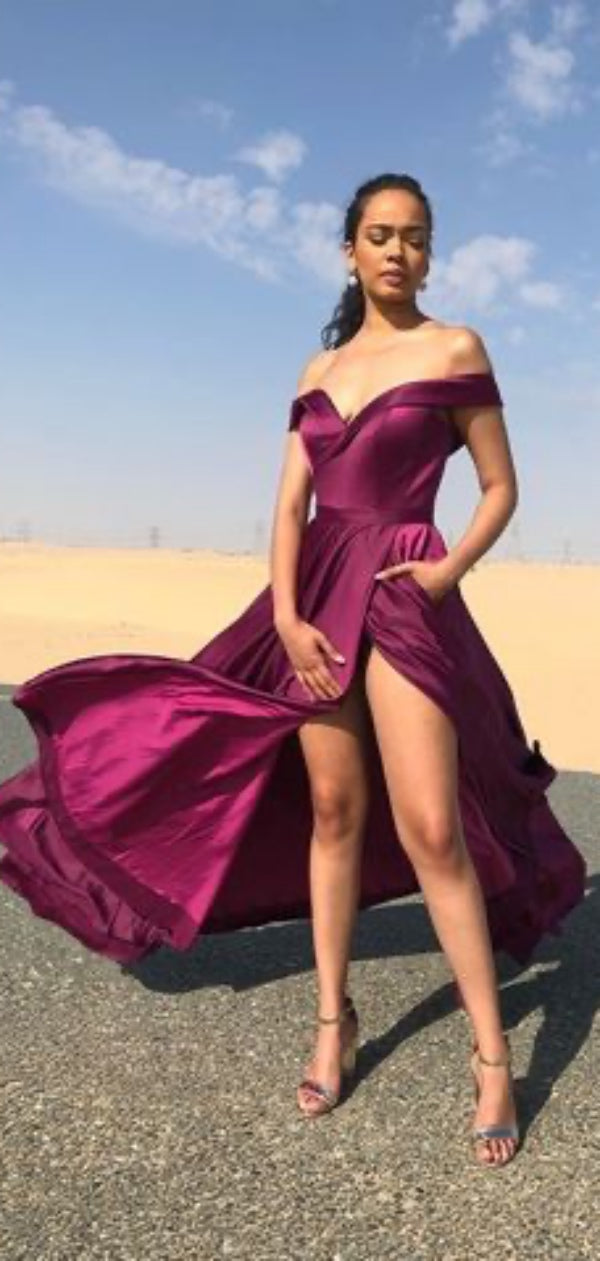 Off Shoulder Simple Long Prom Dresses, High Slit A-line Newest Prom Dresses