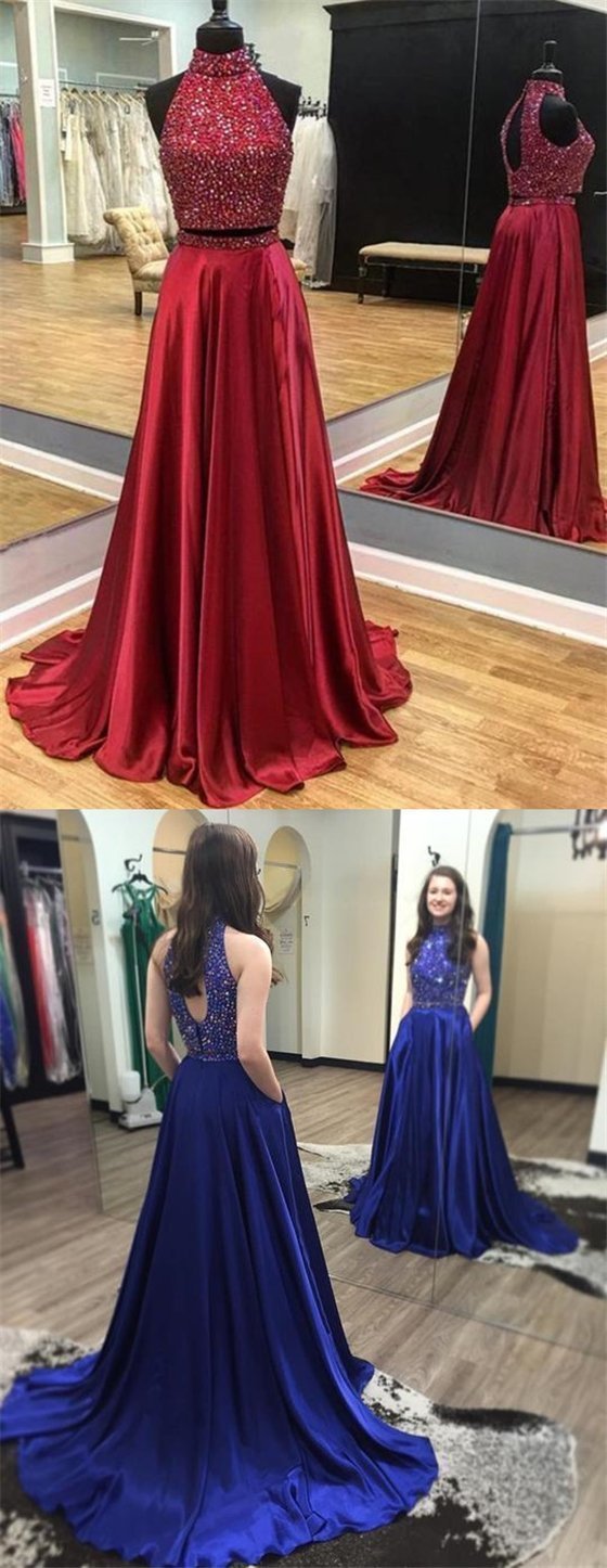 2 Pieces Beaded Long A-line Satin Prom Dresses