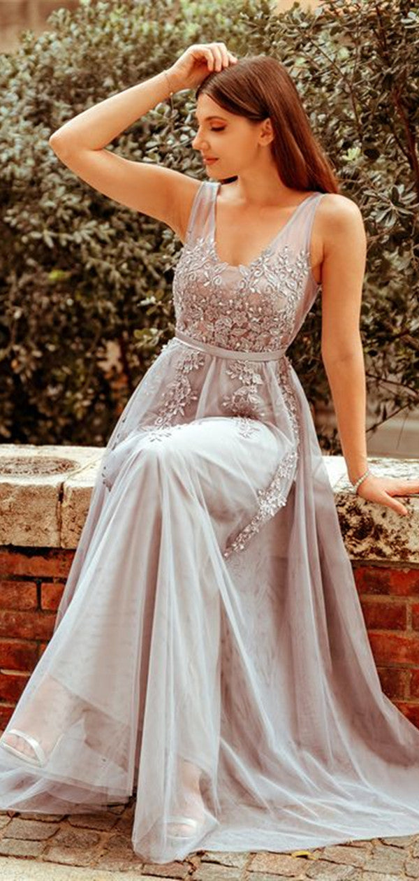 Sleeveless Newest Evening Party Prom Dresses, Appliques Lace A-line 2021 Long Prom Dresses