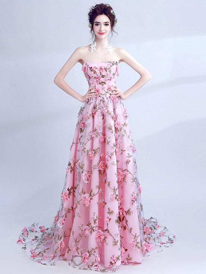 Strapless Long A-line Floral Prom Dresses, Elegant Formal Dresses