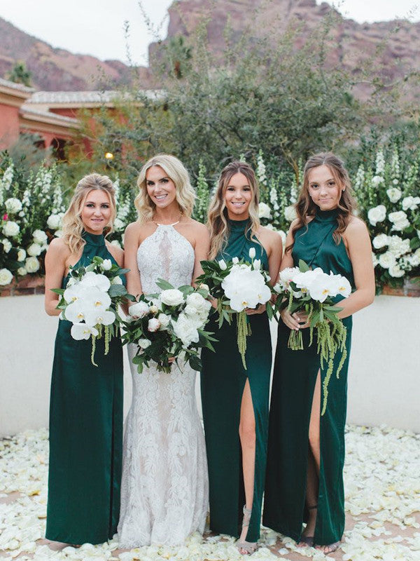 Simple Halter Long Bridesmaid Dresses, Slit Wedding Guest Dresses, Bridesmaid Dresses