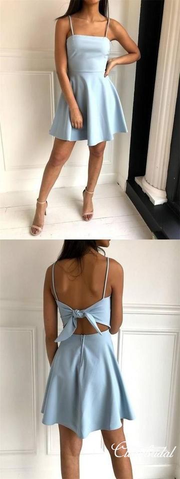 Simple Spaghetti Blue Short Prom Dresses, Homecoming Dresses