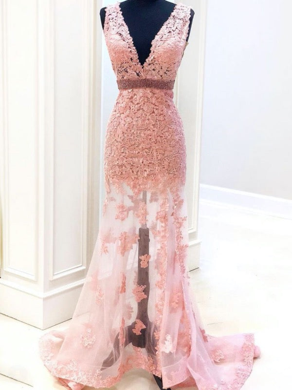 Elegant Lace Mermaid Long Prom Dresses, V-neck Students Evening Party Prom Dresses