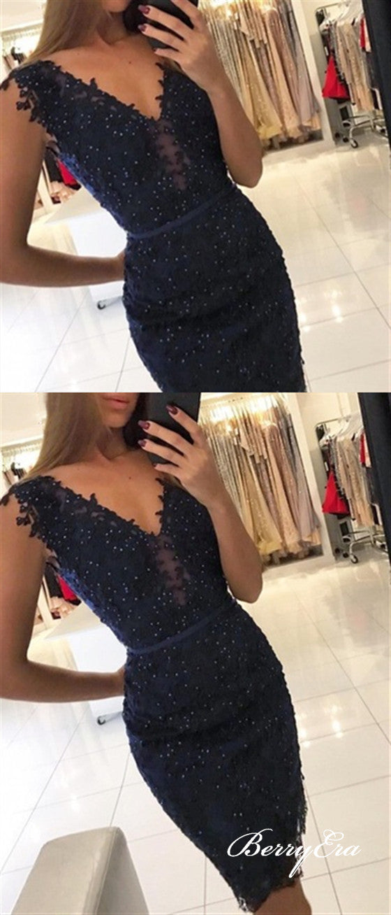 V-neck Navy Lace Beaded Mermaid Short Prom Dresses, Homecoming Dresses