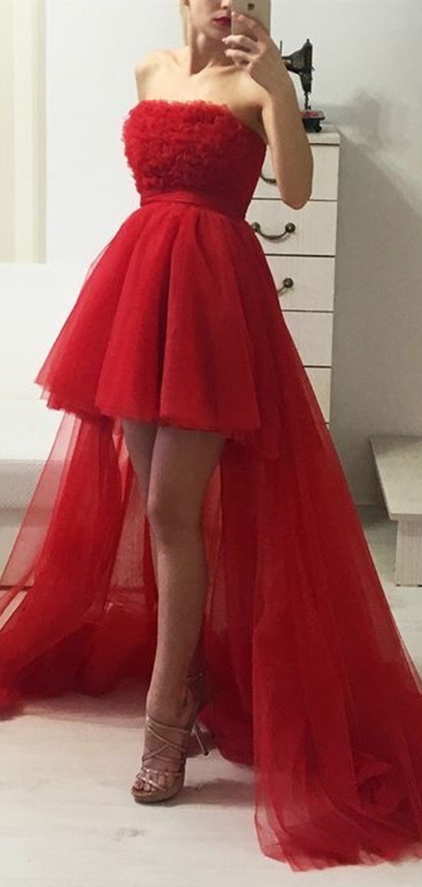 Strapless High Low Red Long Prom Dresses, Graduation Party 2021 Prom Dresses Long