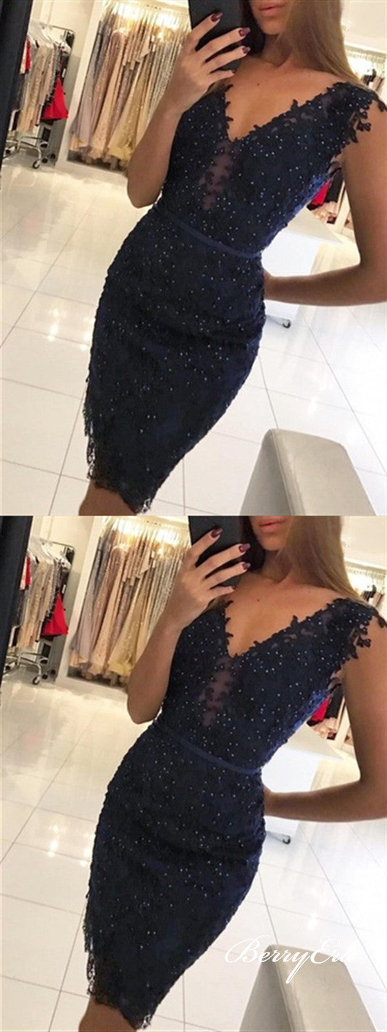 V-neck Navy Lace Beaded Mermaid Short Prom Dresses, Homecoming Dresses