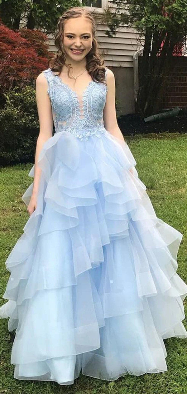 Stylish Fluffy Long Prom Dresses, Light Blue Lace Prom Dresses, New 2020 Prom Dresses