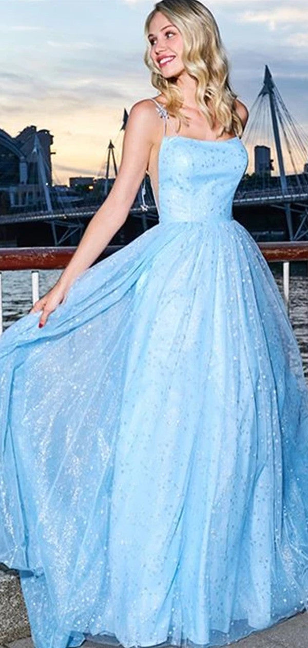 Long A-line Blue Prom Dresses, Sequins Popular 2020 Long Prom Dresses