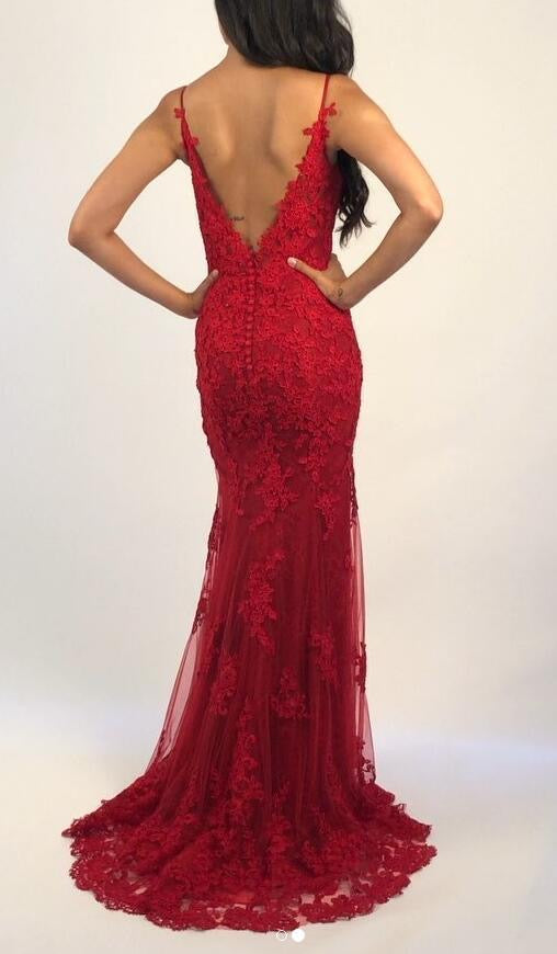 Spaghetti Long Mermaid Red Lace Tulle Prom Dresses, Popular Prom Dresses, 2020 Prom Dresses