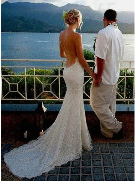 V-neck Long Mermaid Wedding Dresses, Lace Wedding Dresses, Backless Wedding Dresses