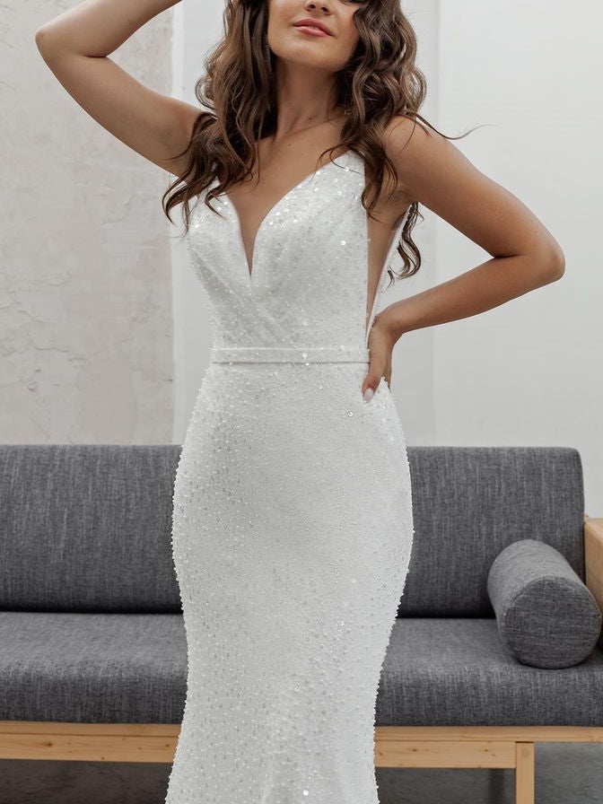 V-neck Sequin Beaded Mermaid Wedding Dresses, Elegant Bridal Gown, Wedding Dresses, Long Wedding Dresses