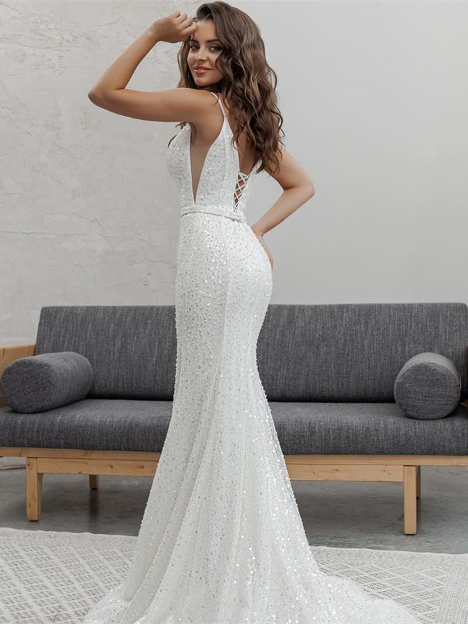 V-neck Sequin Beaded Mermaid Wedding Dresses, Elegant Bridal Gown, Wedding Dresses, Long Wedding Dresses