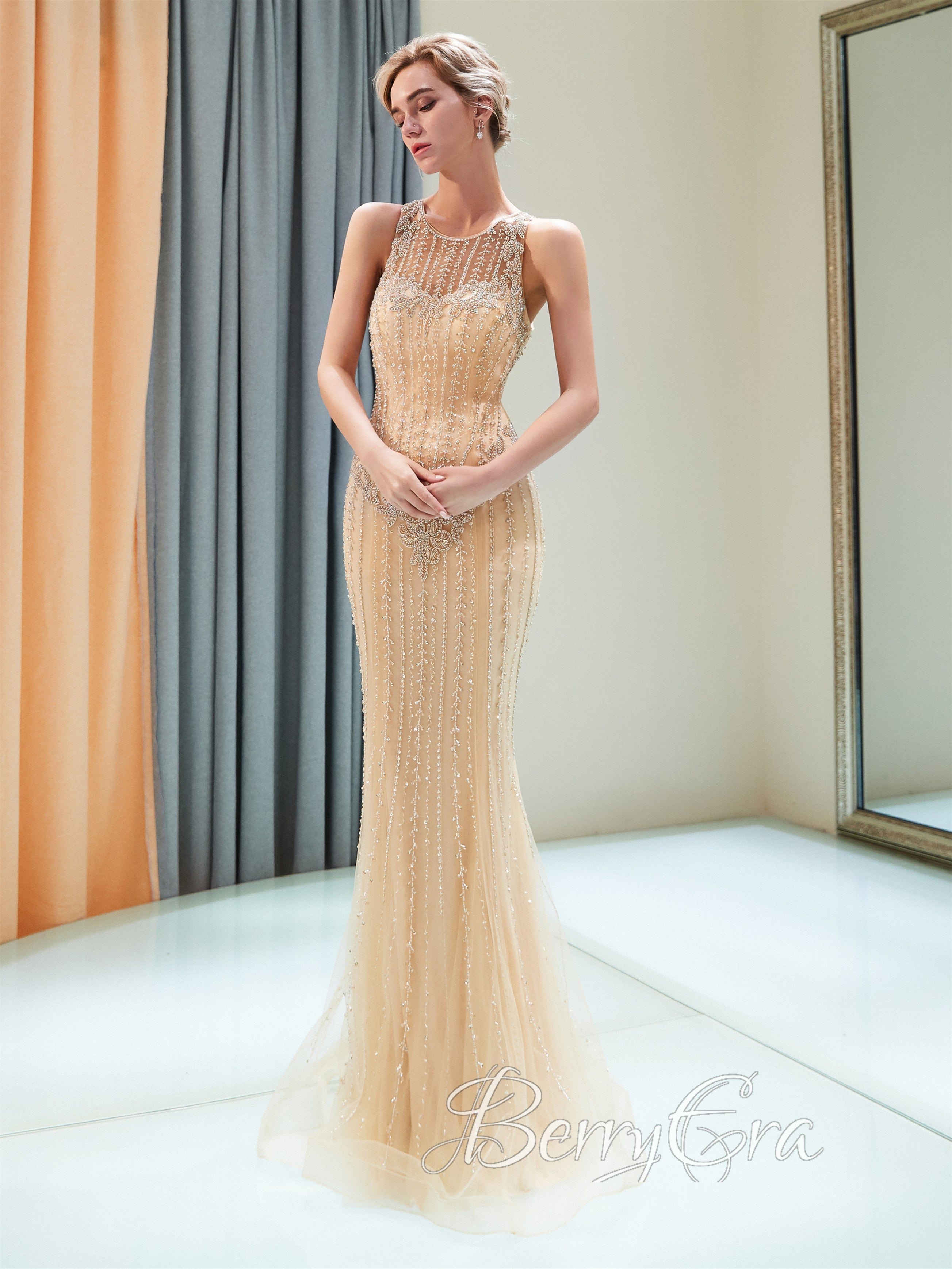 Illusion Gold Beaded Prom Dresses, Mermaid Prom Dresses, Long Prom Dresses, 2023 Prom Dresses, Evening Dresses, BerryEra Design Dresses