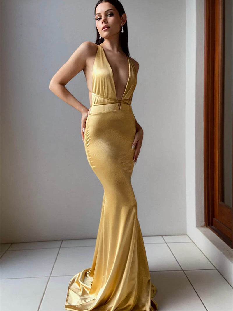 Deep V-neck Gold Soft Satin Mermaid Prom Dresses, Sexy Prom Dresses, Newest Prom Dresses