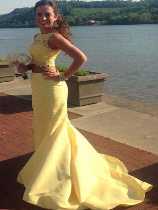 Unique Yellow Two Pieces Lace Prom Dresses, Mermaid Long Prom Dress